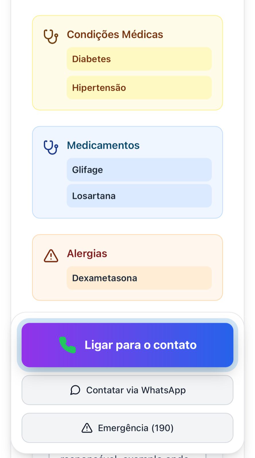 Exemplo de tela com condições médicas, alergias, medicamentos e botões Ligar, WhatsApp e Emergência