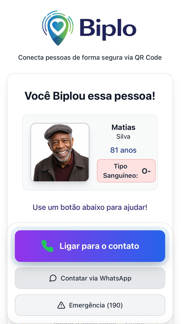 Tela ao escanear: Você Biplou essa pessoa, foto, nome, idade, tipo sanguíneo e botões Ligar, WhatsApp e Emergência